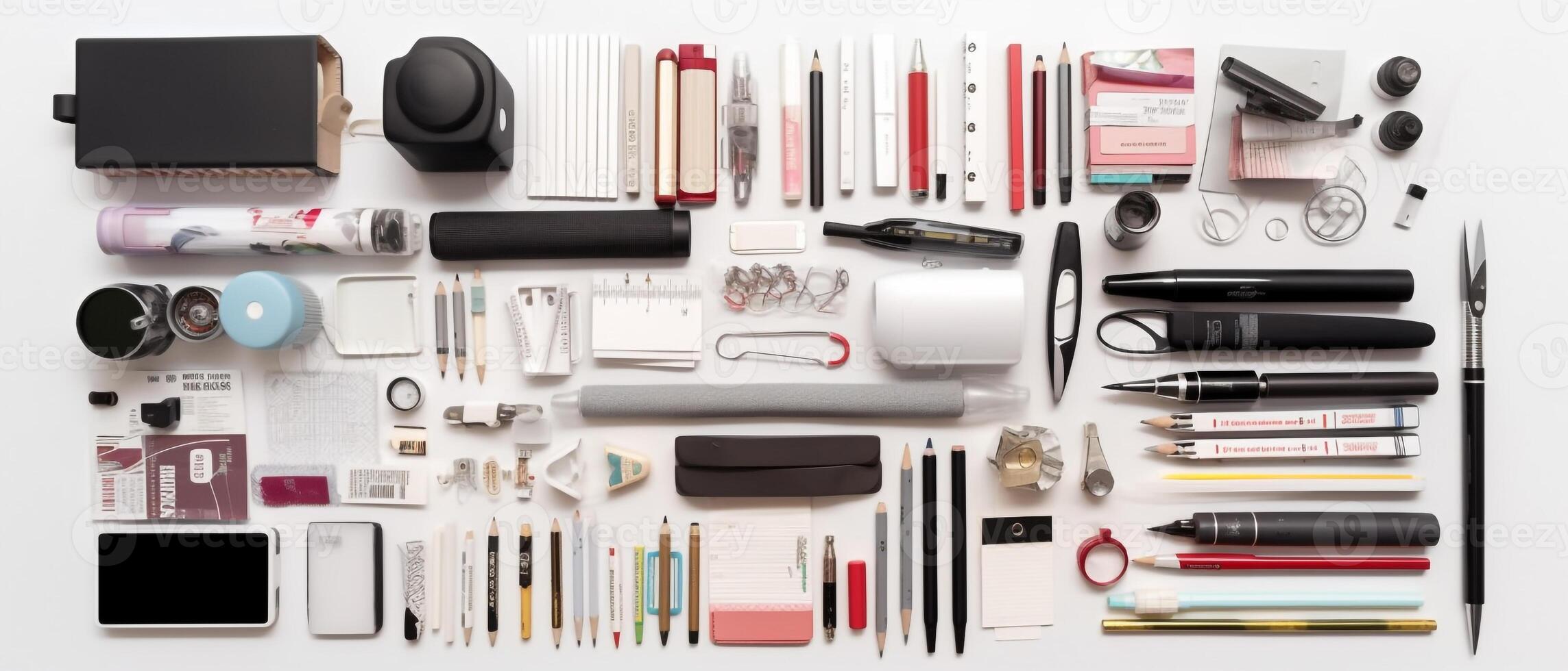 Stationary set with aesthetic arrangement, top view. photo