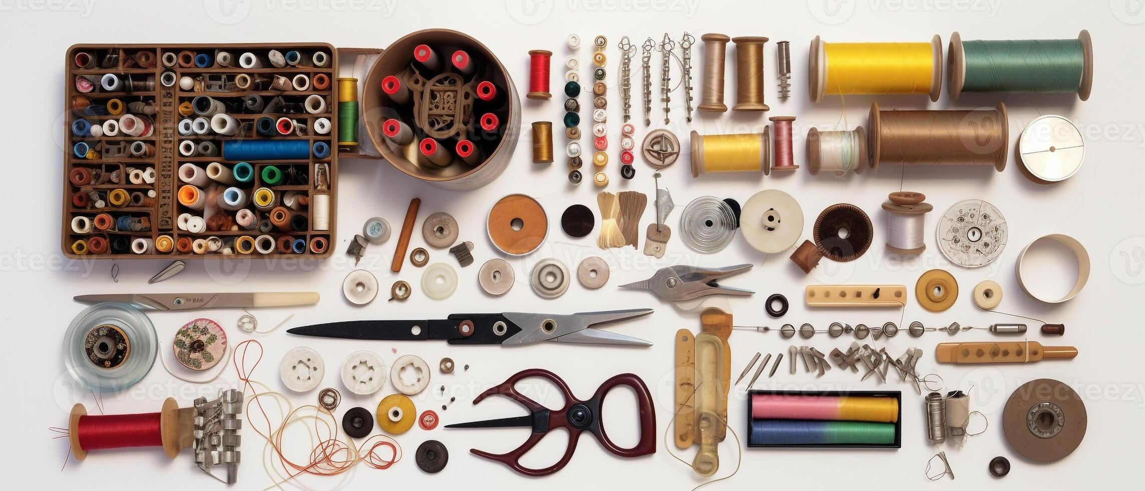 Set of sewing kit with aesthetic arrangement, top view. photo