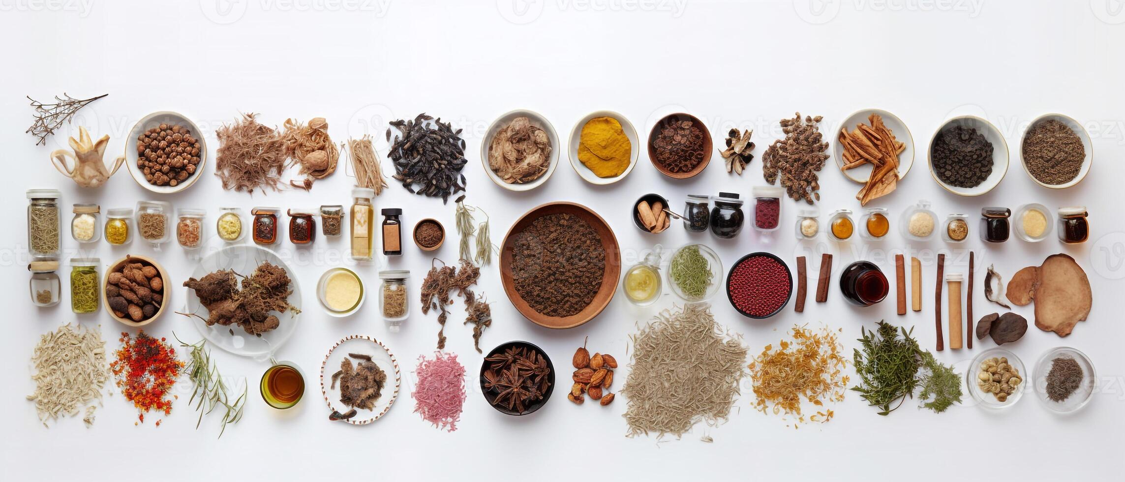 Group of traditional medicine, top view with aesthetic arrangement on concrete background. photo