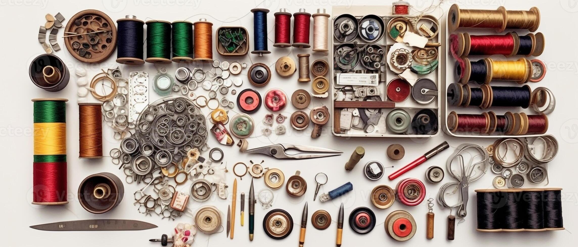 Set of sewing kit with aesthetic arrangement, top view. photo