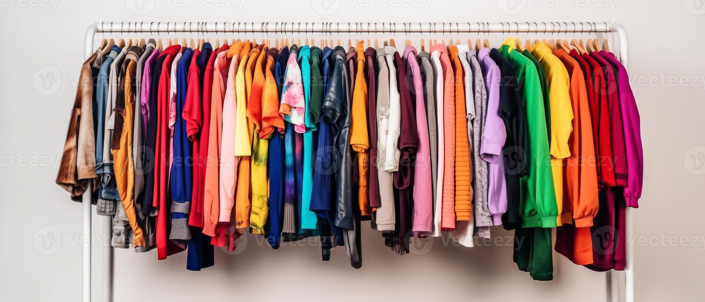 Fashion clothes on clothing rack bright colorful closet. Closeup of