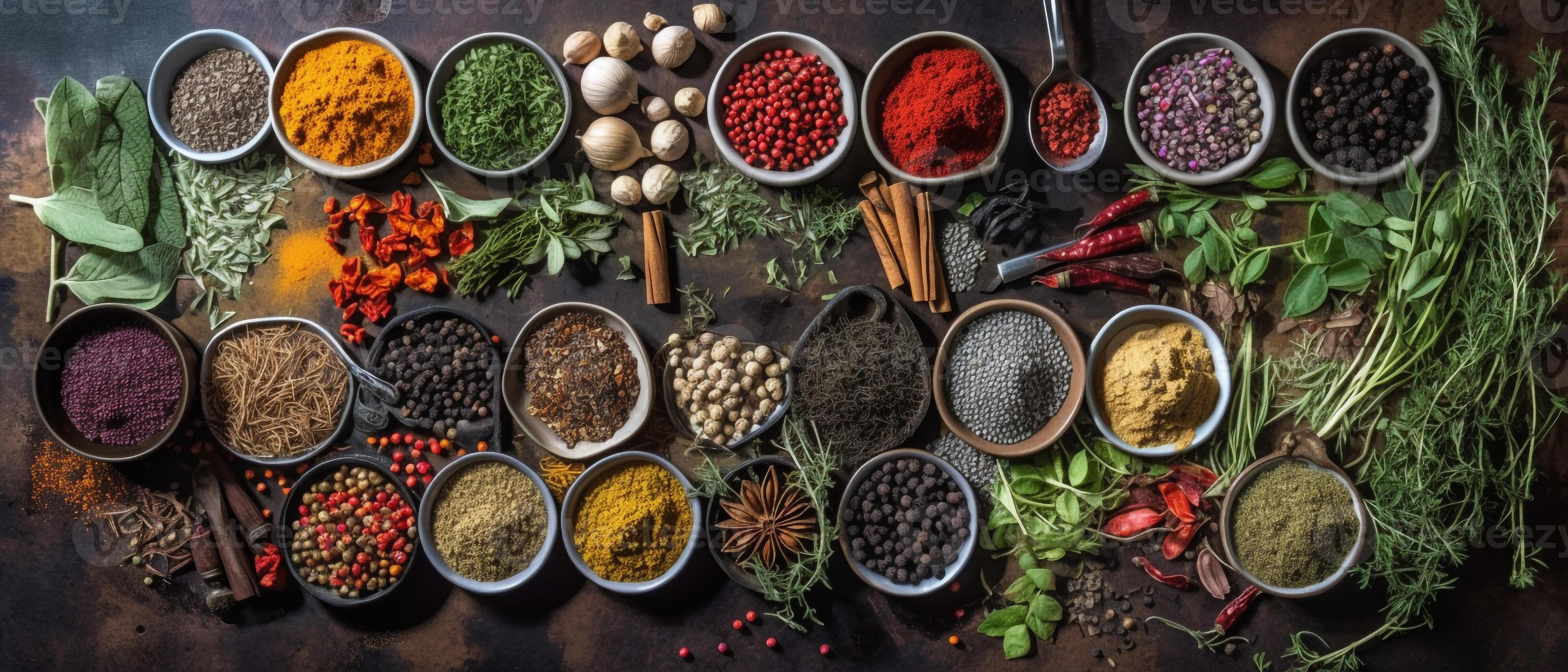 Herbs and spices for cooking with aesthetic arrangement, top view