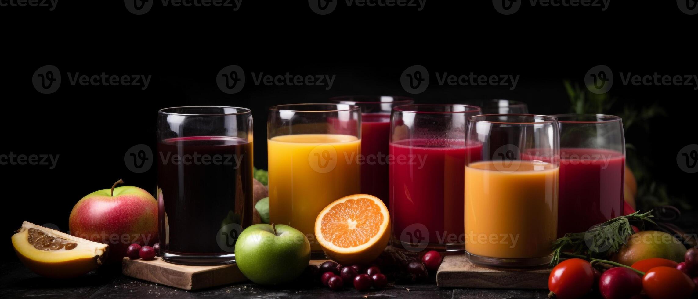 Various of juices with aesthetic arrangement on black background. photo