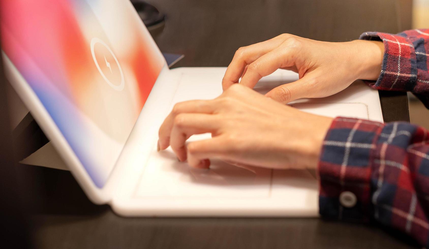 Female using the laptop and preparing to work at their home. photo