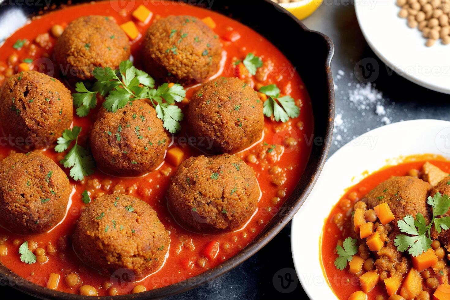 Moroccan cuisine. Chickpeas stewed with minced meat and vegetables in bowls. photo