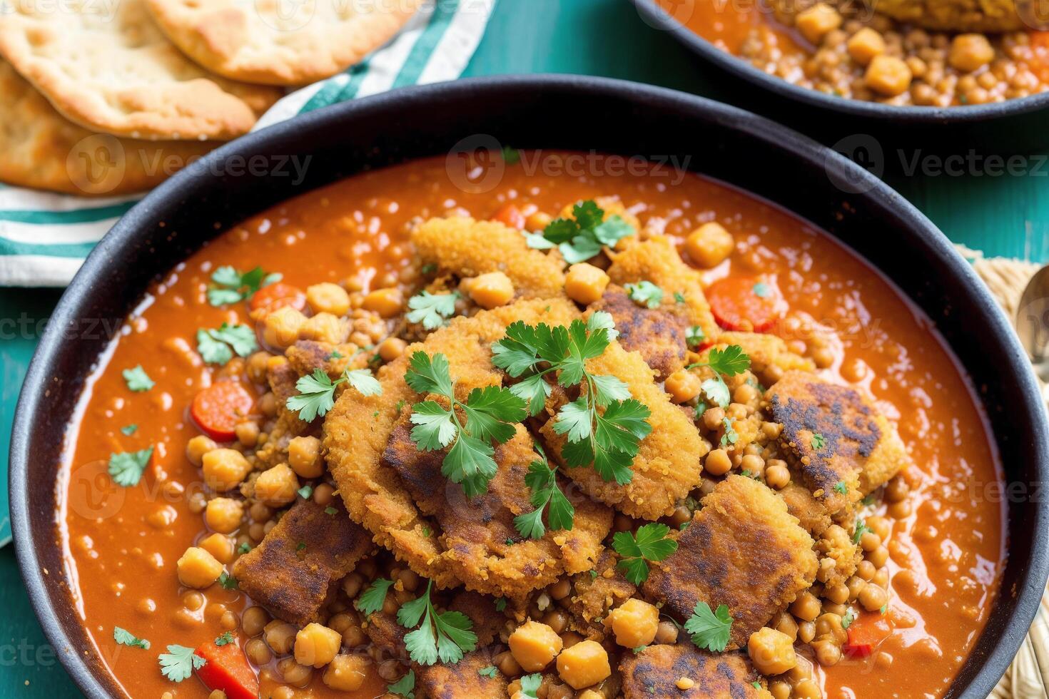 Moroccan cuisine. Chickpeas stewed with minced meat and vegetables in bowls. photo