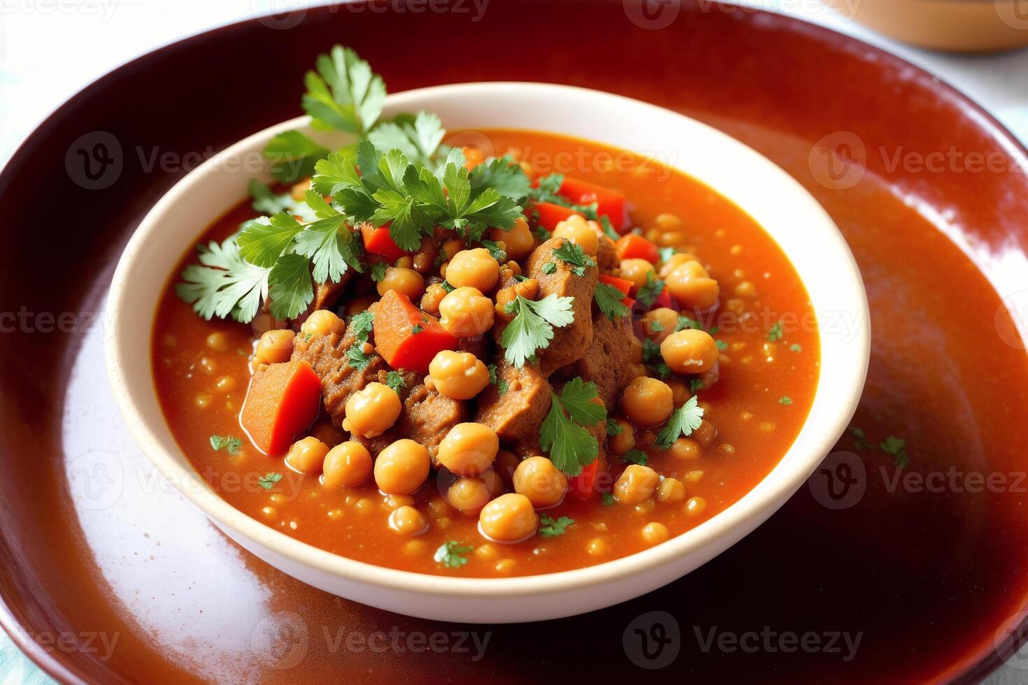 marroquí cocina. garbanzos estofado con picado carne y vegetales en bochas. generativo ai foto