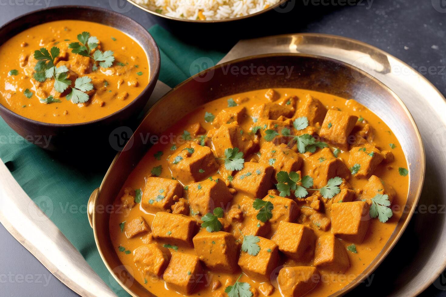 Indian cuisine. Assorted Indian food including chickpeas, curry, masala and naan. photo