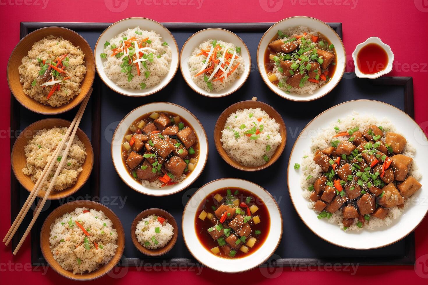 Chinese cuisine. Chinese food, sweet and sour pork in brown soy sauce served with rice. photo