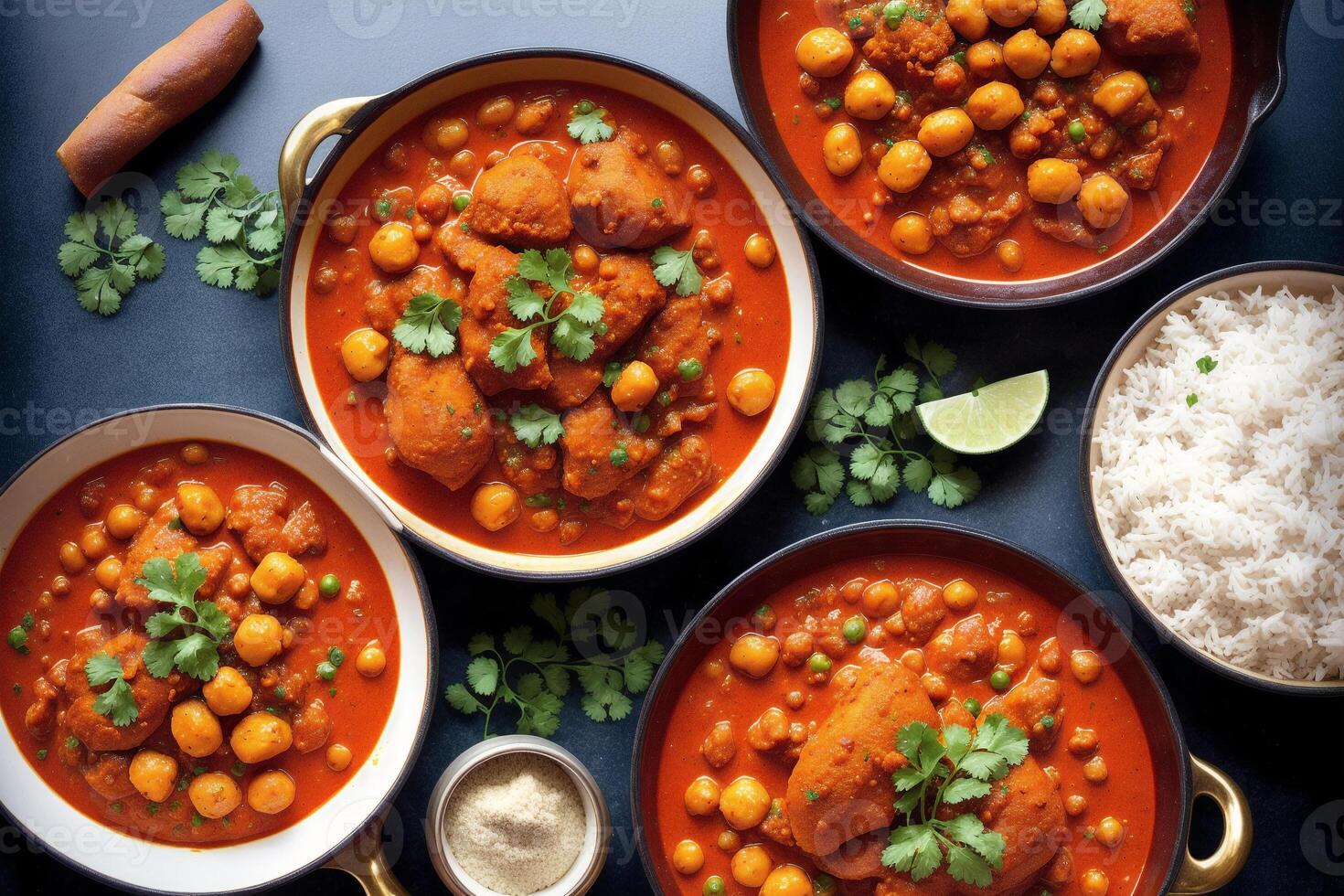 Indian cuisine. Assorted Indian food including chickpeas, curry, masala and naan. photo