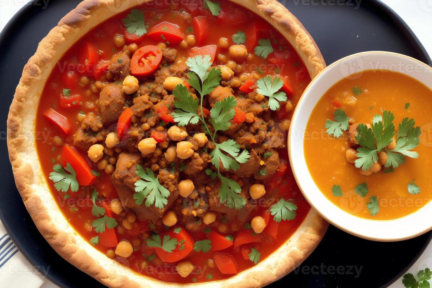 Moroccan cuisine. Chickpeas stewed with minced meat and vegetables in bowls. photo