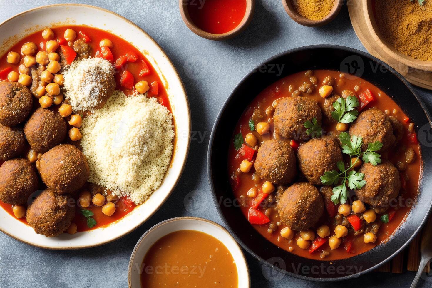 marroquí cocina. garbanzos estofado con picado carne y vegetales en bochas. generativo ai foto