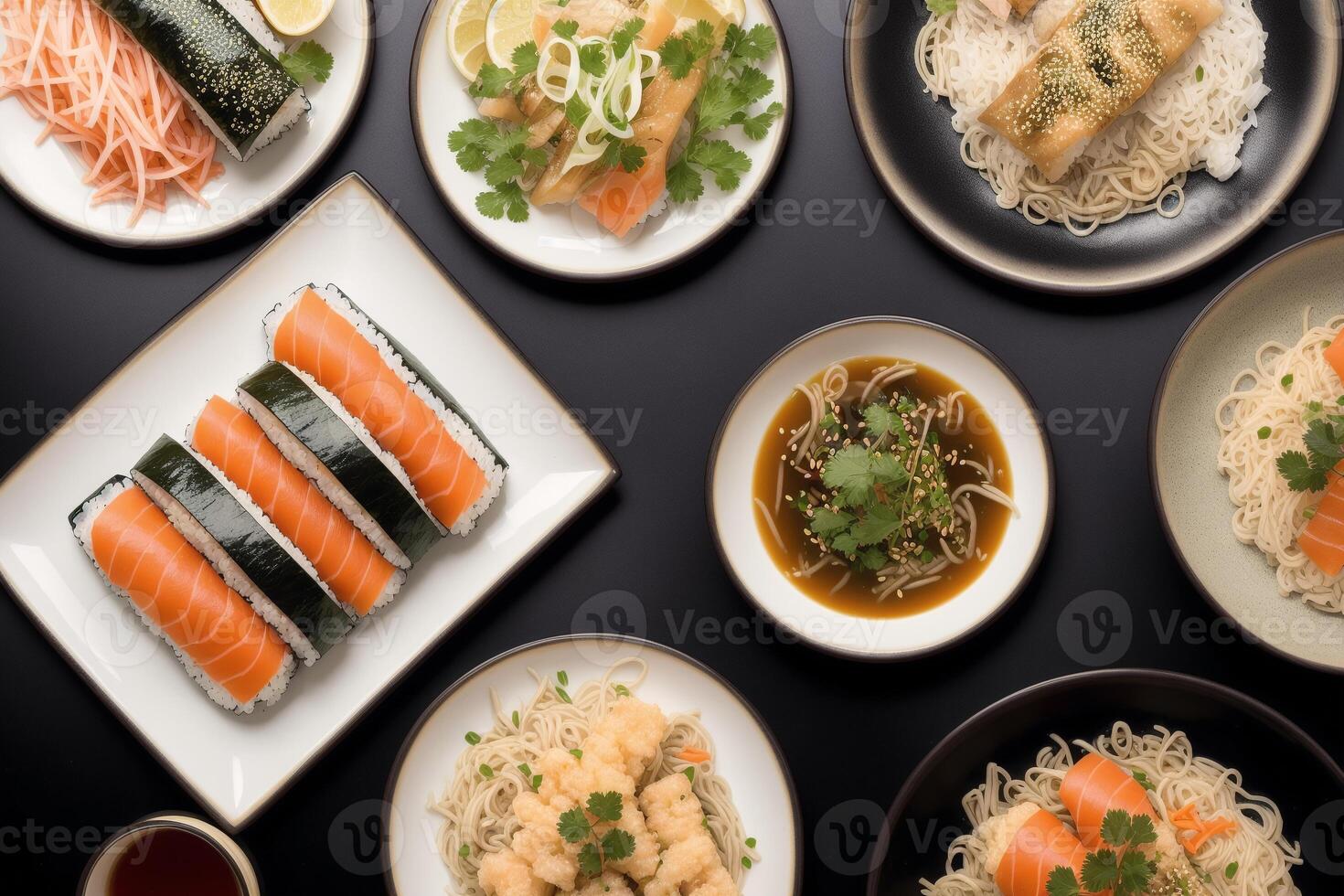 japanese cuisine. sushi and rolls on the table in the restaurant. photo