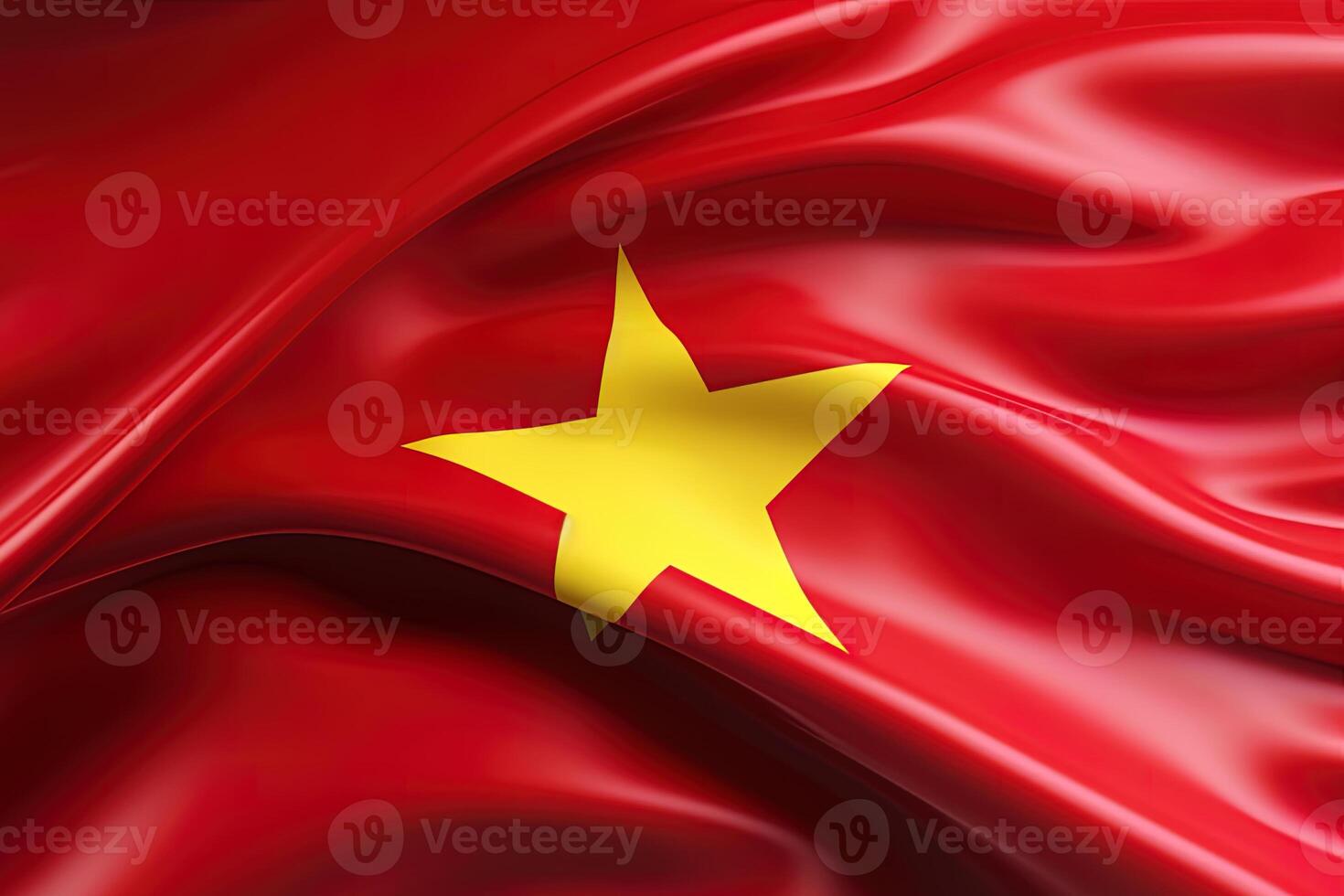 amarillo estrella y rojo fondo, ondulación el nacional bandera de Vietnam, saludó un muy detallado de cerca. ai generado foto