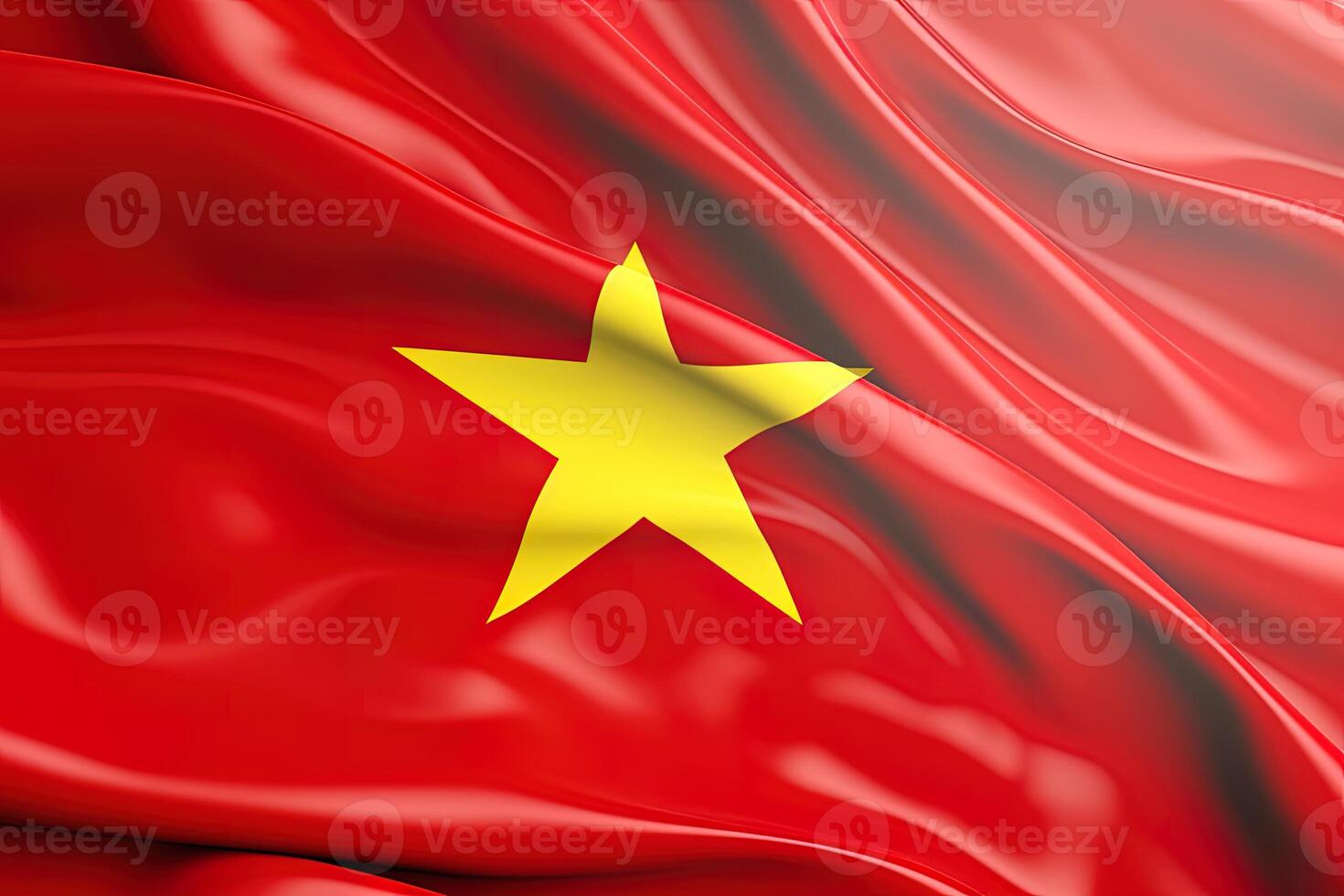 amarillo estrella y rojo fondo, ondulación el nacional bandera de Vietnam, saludó un muy detallado de cerca. ai generado foto