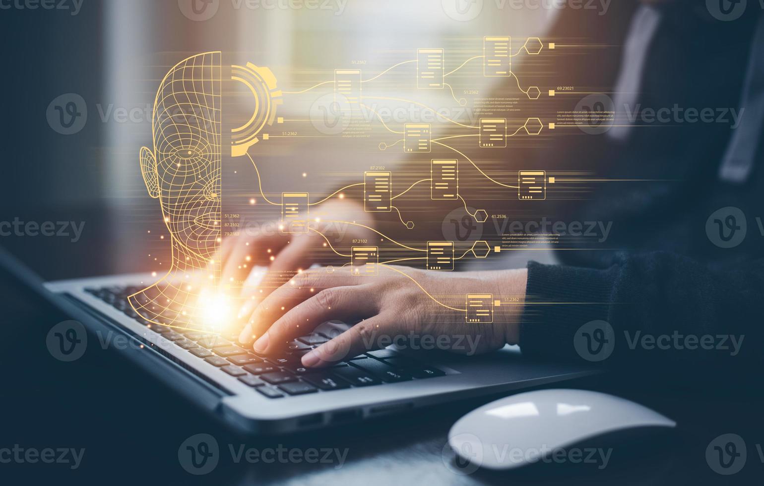 Programmer people working laptops or smartphones with AI, artificial intelligence software engineer coding on laptop computers with technology icons and binary code, big data, Ai bot digital machine photo