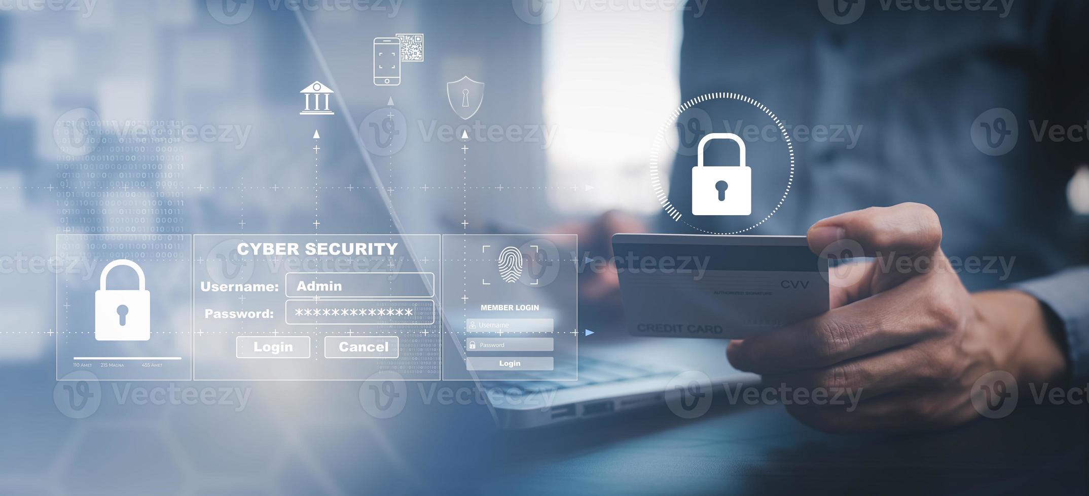 Cyber security with credit card security password login online concept  Hands typing and entering a username and password of social media, logging in with a smartphone online bank account, data hacker photo