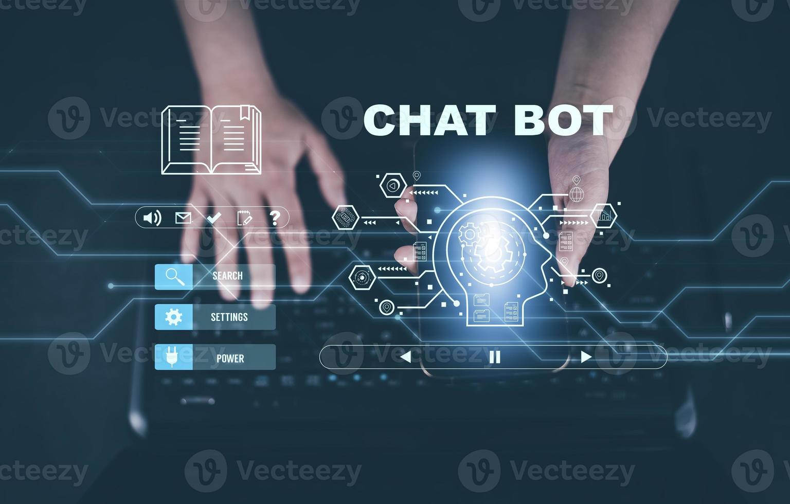 Man using Laptop and touch bar Chat bot Chat with AI, Artificial Intelligence,System Artificial intelligence an artificial intelligence chatbot, Digital chatbot, Robot application, conversation photo