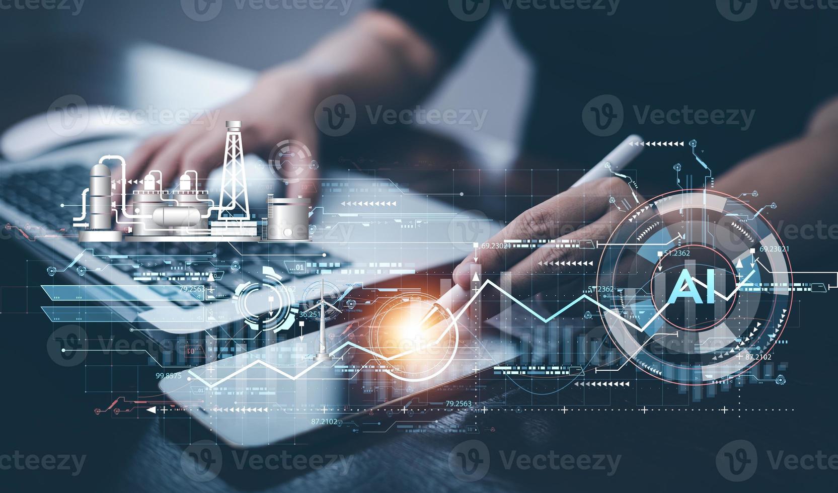 Programmer people working laptops or smartphones with AI, artificial intelligence software engineer coding on laptop computers with technology icons and binary code, big data, Ai bot digital machine photo