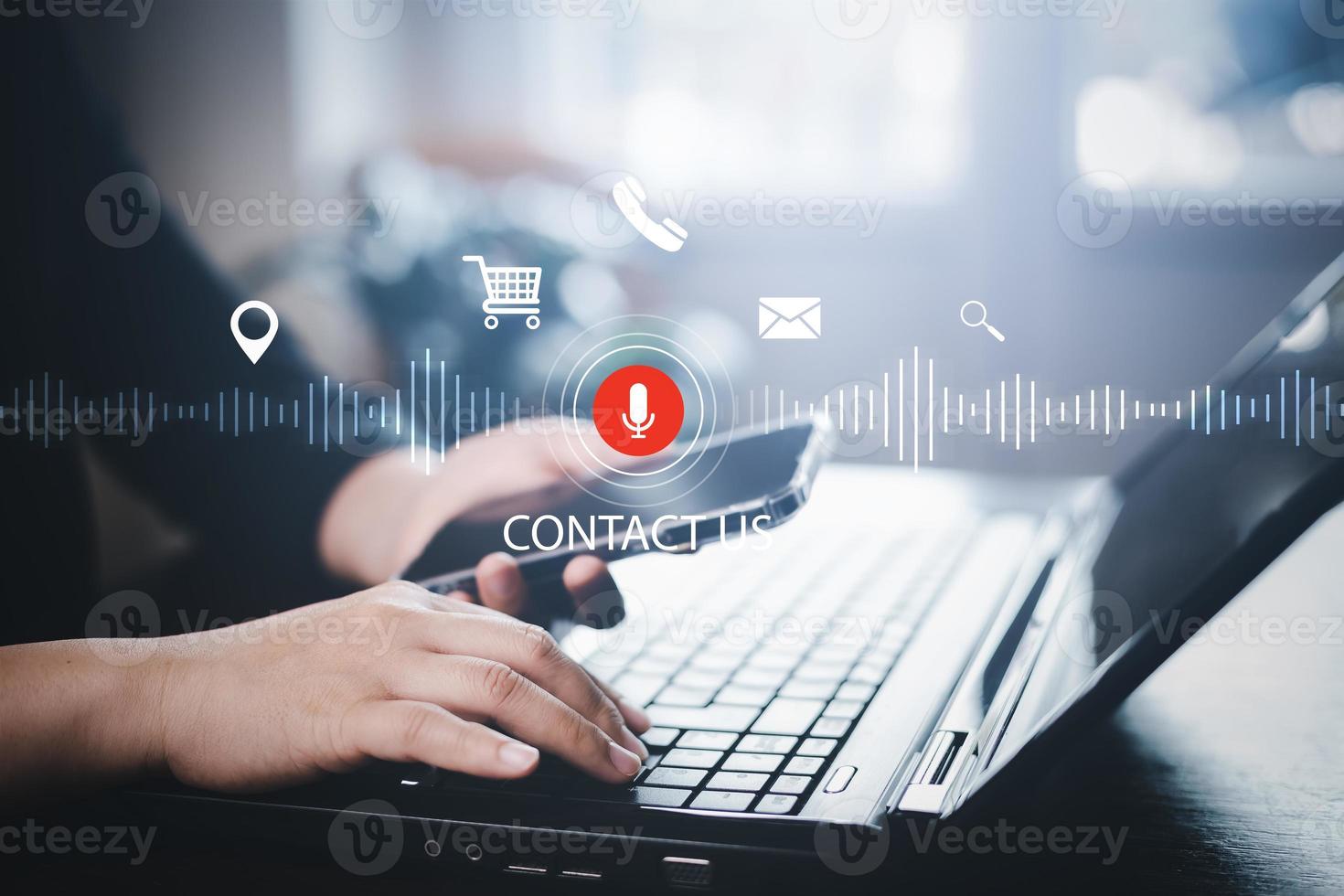 Businessman using smartphone touch microphone button on virtual screen. Blog blog speak talk advertising presentation,Voice recognition, speech detection and deep learning application,Voice Assistance photo