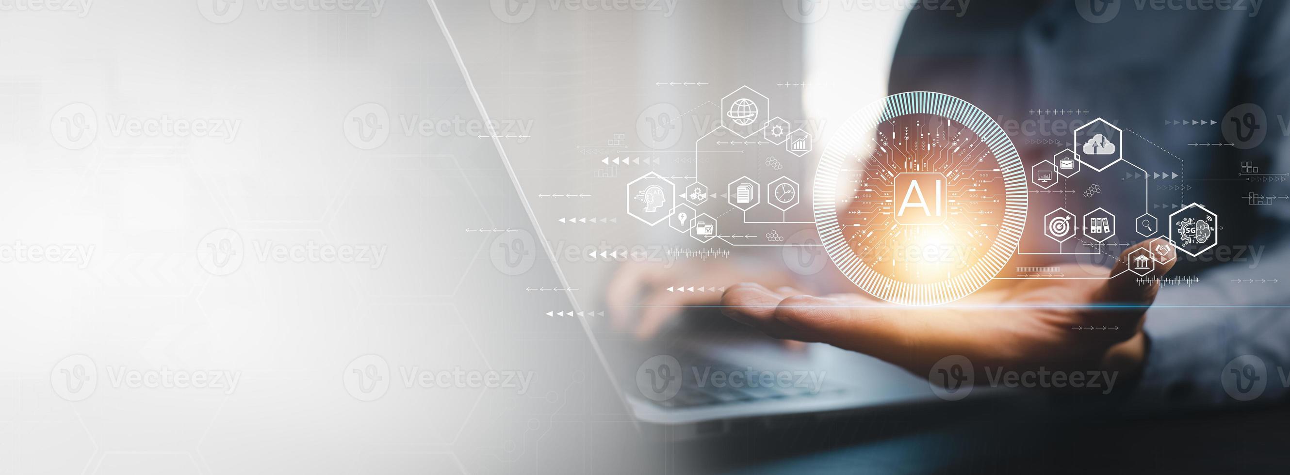 Programmer people working laptops or smartphones with AI, artificial intelligence software engineer coding on laptop computers with technology icons and binary code, big data, Ai bot digital machine photo