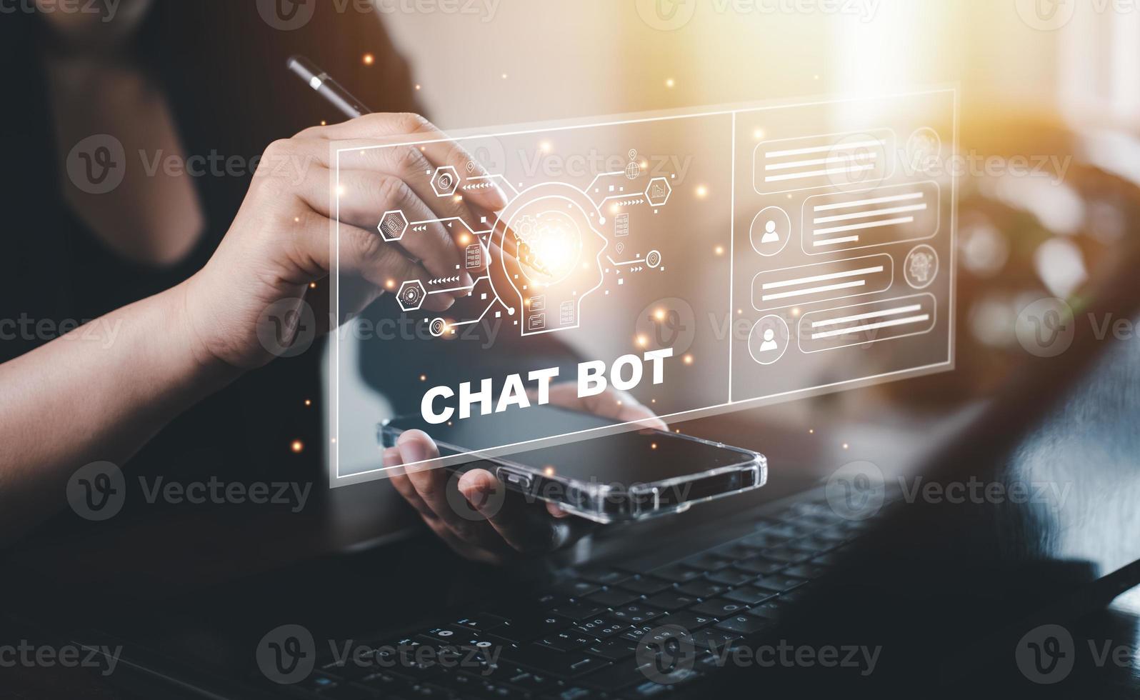 Woman using Smartphone and touch bar Chat bot Chat with AI, Artificial Intelligence,System Artificial intelligence an artificial intelligence chatbot, Digital chatbot, Robot application, conversation photo