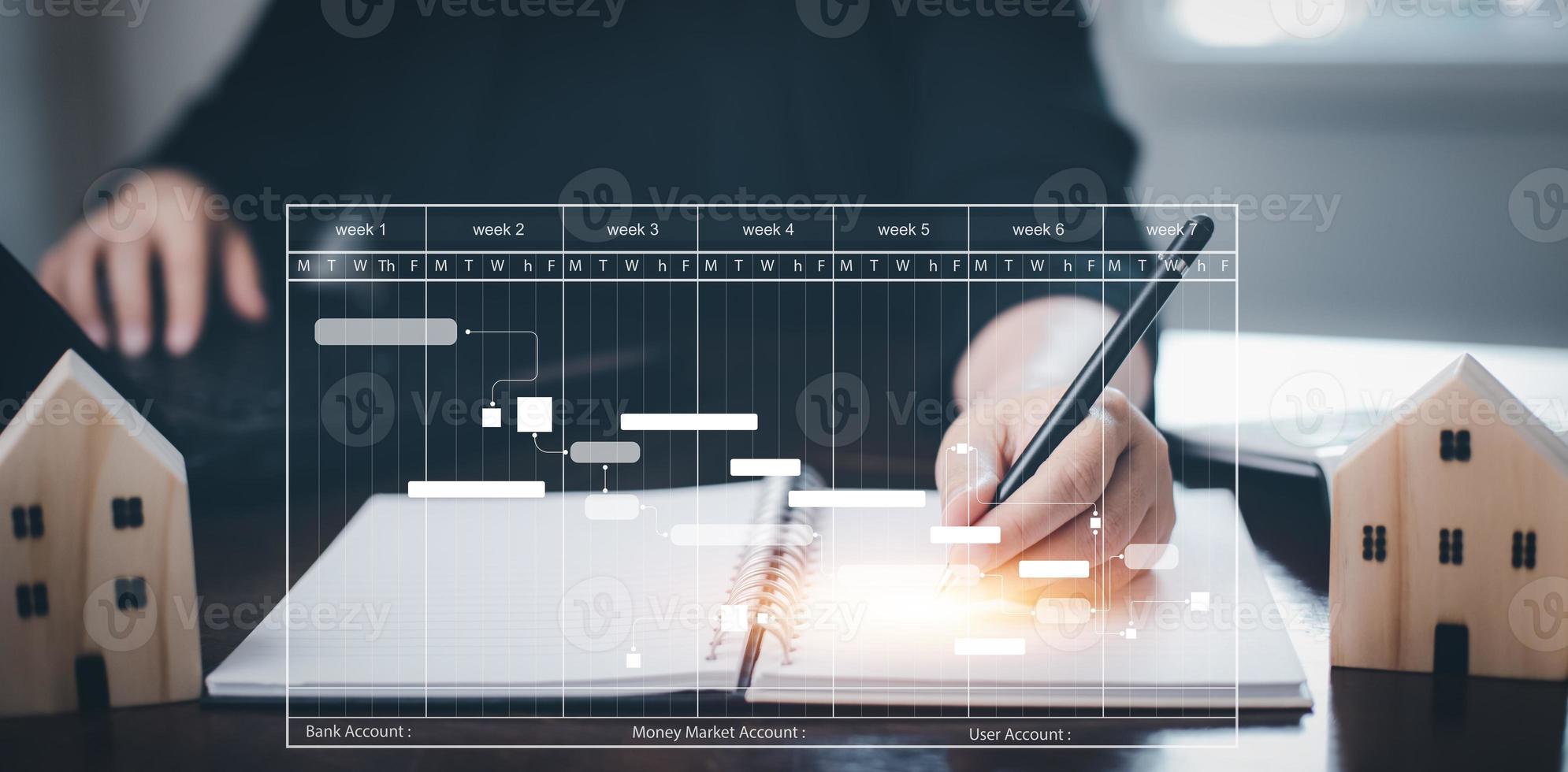 Man using pen note book with planning analysis and Project management online. Stock Market Investments and Digital Assets, analyzing forex trading graph financial data. Business finance background. photo