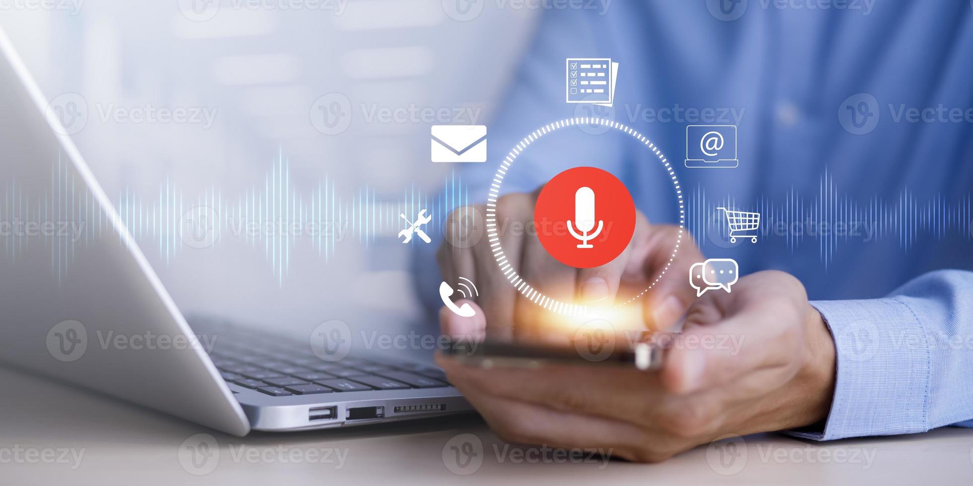 Businessman using smartphone touch microphone button on virtual screen. Blog blog speak talk advertising presentation,Voice recognition, speech detection and deep learning application,Voice Assistance photo