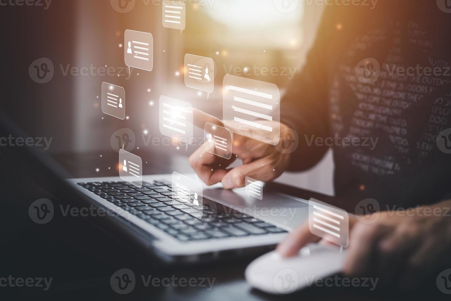 Businessman hold Laptop and touch Chat bot Chat with AI, Artificial Intelligence, System Artificial intelligence an artificial intelligence chatbot, Digital chatbot, Robot application, conversation photo