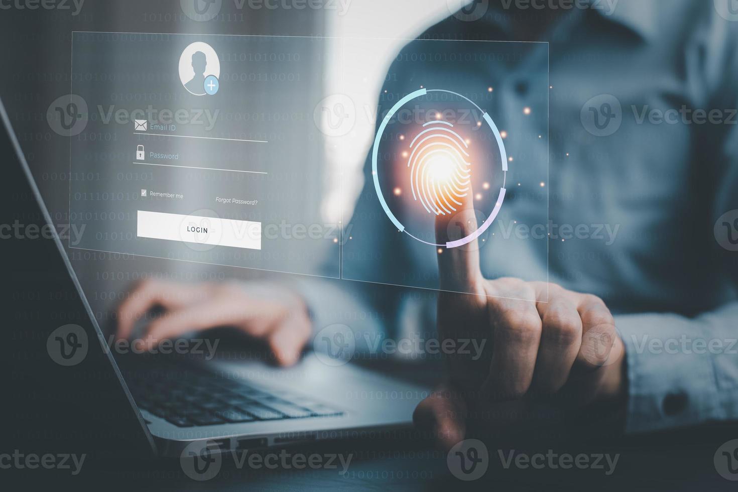 Businessman scanning a security system with his finger username and password, cyber security concept, information security and encryption, secure Internet access, Cyber security password login online. photo