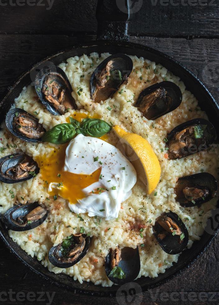 Cooked Mussels With Sauce And Rice photo