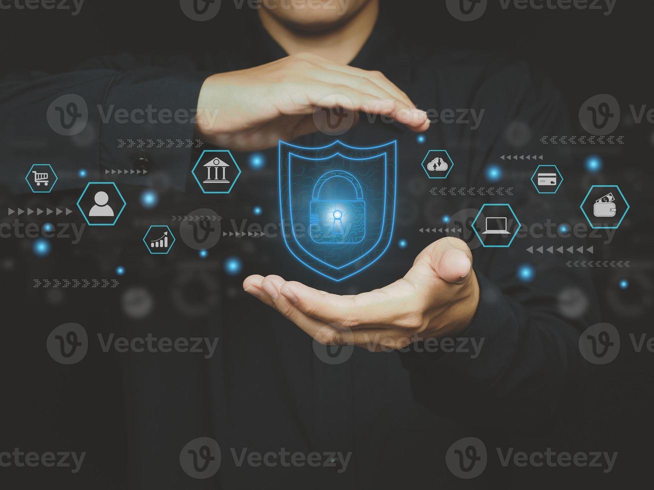 Cyber security and privacy concept lock symbol icon from line biometric security Innovative technology against cybercrime Businessman showing protection of personal data on the virtual screen photo