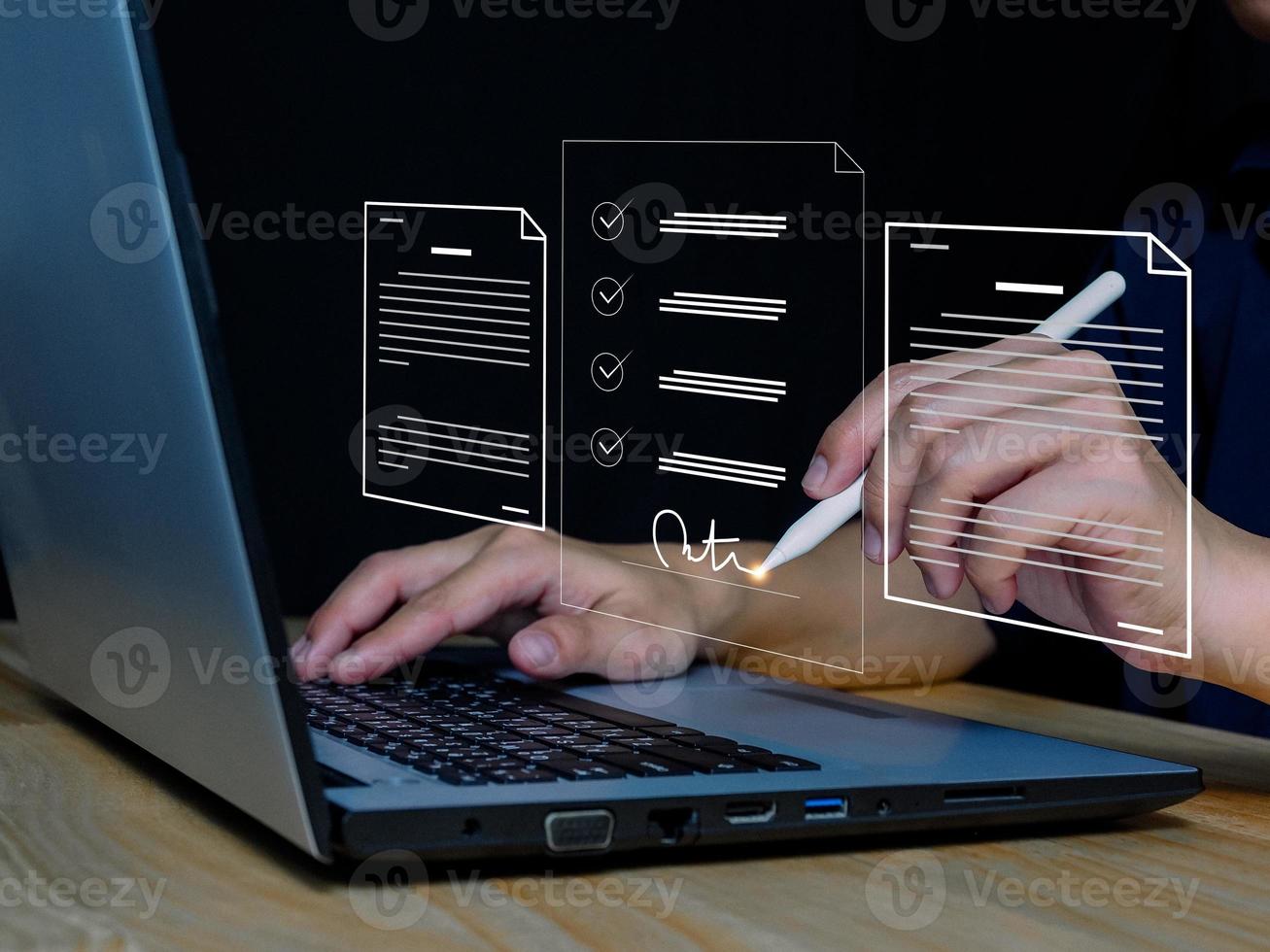 Asian man using pen in electronic signature electronic signature Entries in documents through digital windows photo