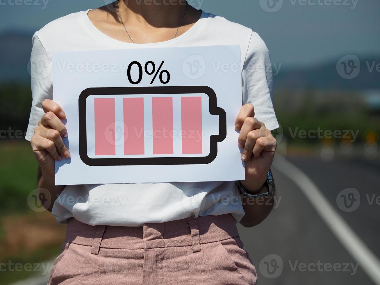 girl on the road Ready holding paper with icons Get help from 0 battery drain photo