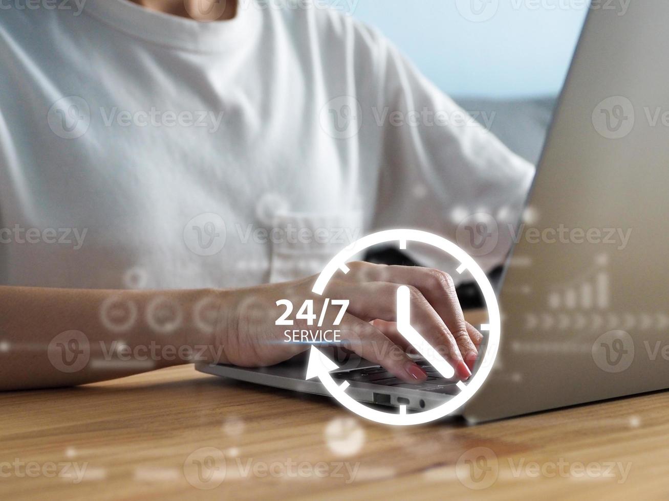 Businessman with global symbol, 24-7 service, service concept. 24 hour service photo