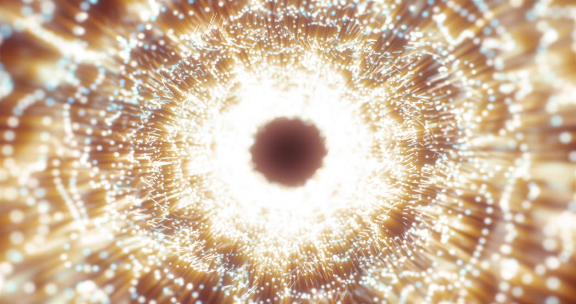 Abstract yellow energy tunnel made of particles and a grid of high-tech lines with a glowing background effect photo