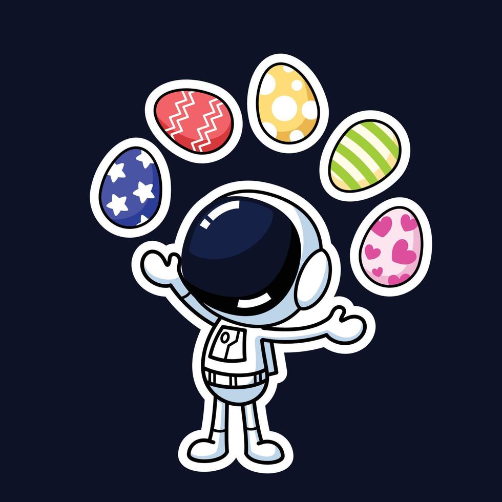 Cute Astronaut Cartoon Character Juggling Easter Eggs. Premium Vector Graphic Asset.