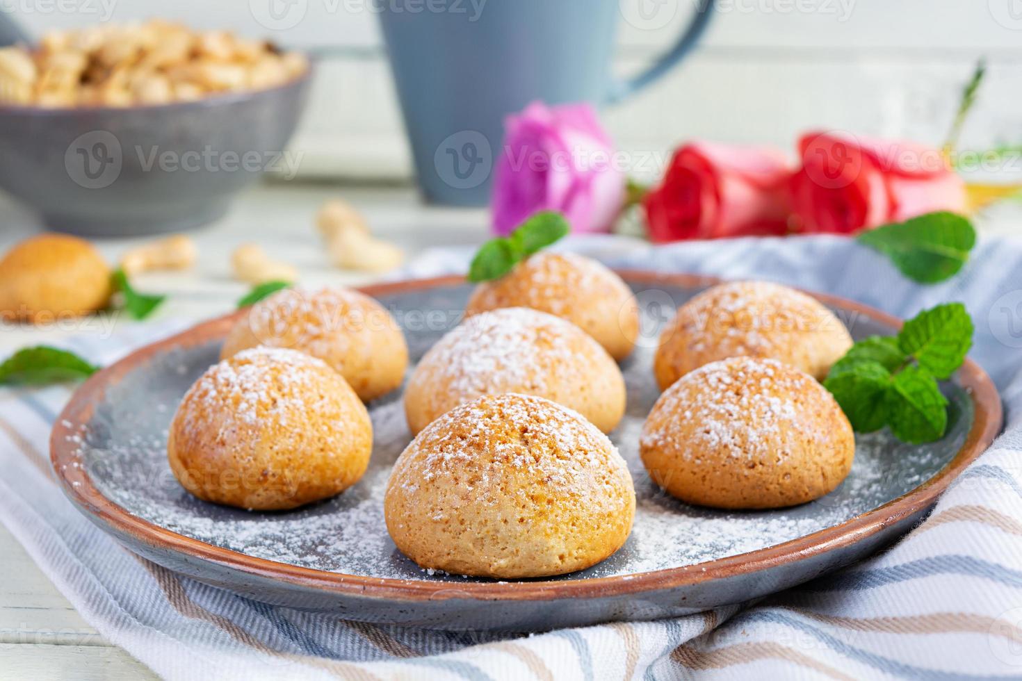 Butter cookies on wooden background. Delicious honey gingerbread photo