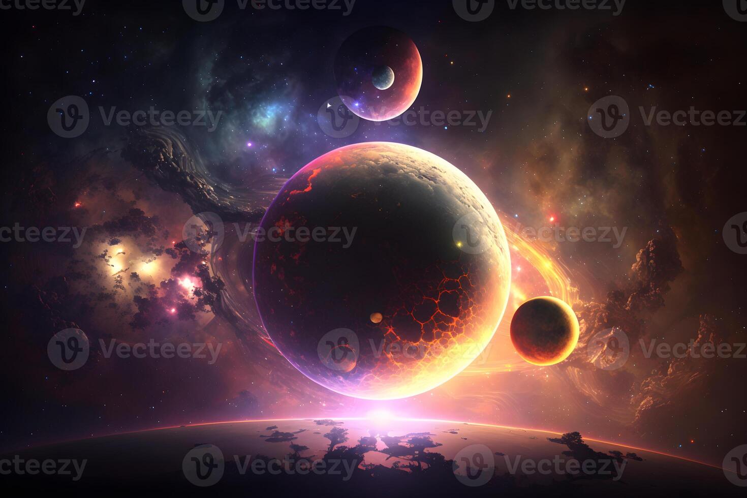 Infinity of space, cosmic nebula stars planets, collision of stars galaxy view photo