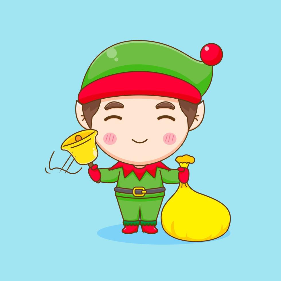 Cartoon illustration of cute elf with christmas gift chibi character vector