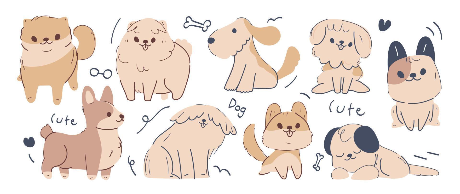 lindos perros garabatos conjunto de vectores. colección de diseño de personajes de dibujos animados de perros o cachorros con color plano en diferentes poses. conjunto de divertidos animales de compañía aislados en fondo blanco. vector