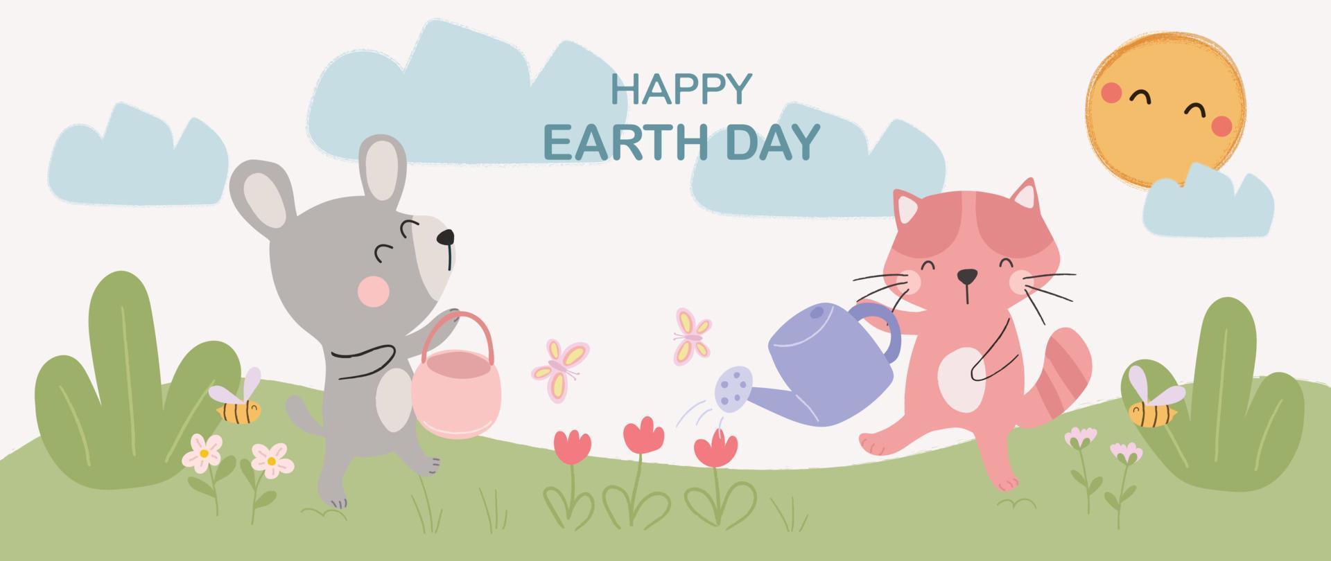 Happy Earth day concept, 22 April, background vector. Save the earth with cute pet, dog, cat, watering flower plant. Eco friendly illustration design for web, banner, campaign, social media post. vector
