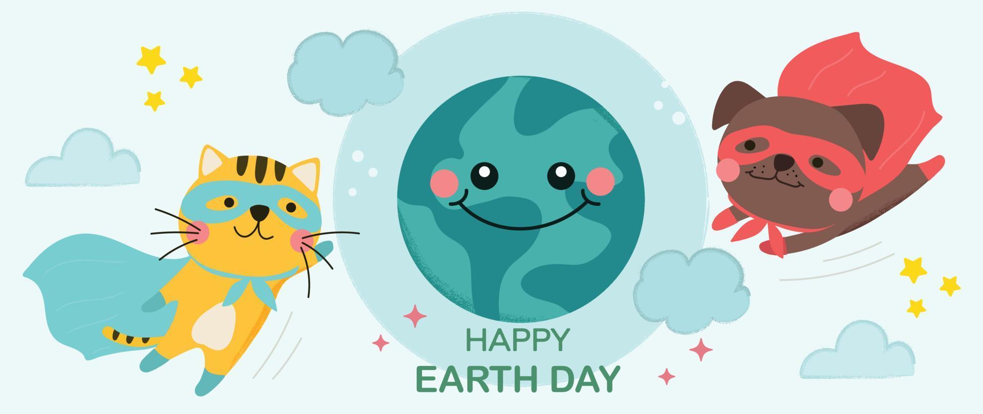 Happy Earth day concept, 22 April, background vector. Save the earth with cute pet, dog, cat in superhero suit. Eco friendly illustration design for web, banner, campaign, social media post. vector