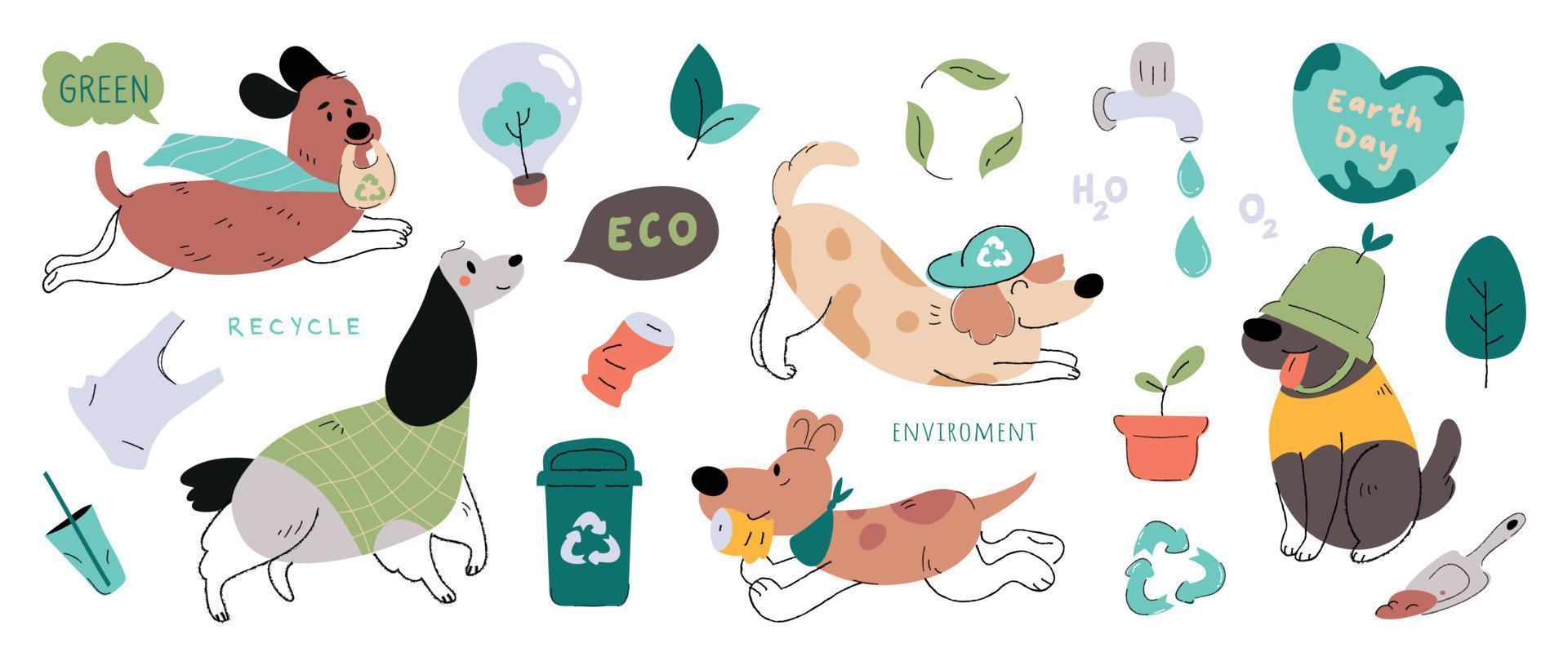 Happy Earth day concept, 22 April, cute dog vector. Save the earth with different dog breeds and recycle element. Eco friendly pet illustration design for web, banner, campaign, social media post. vector