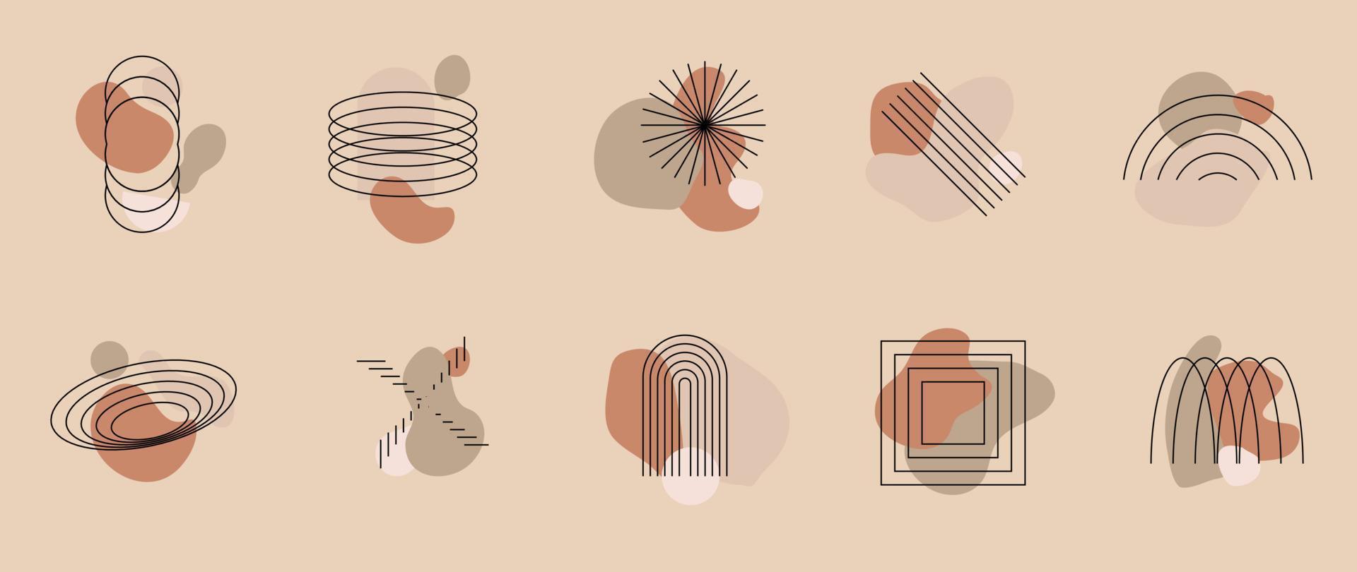 Hand drawn abstract minimal element mid century vector set. Aesthetic contemporary stripe line art, Geometric shapes in earth tone. Art form design for wall art, decoration, wallpaper.