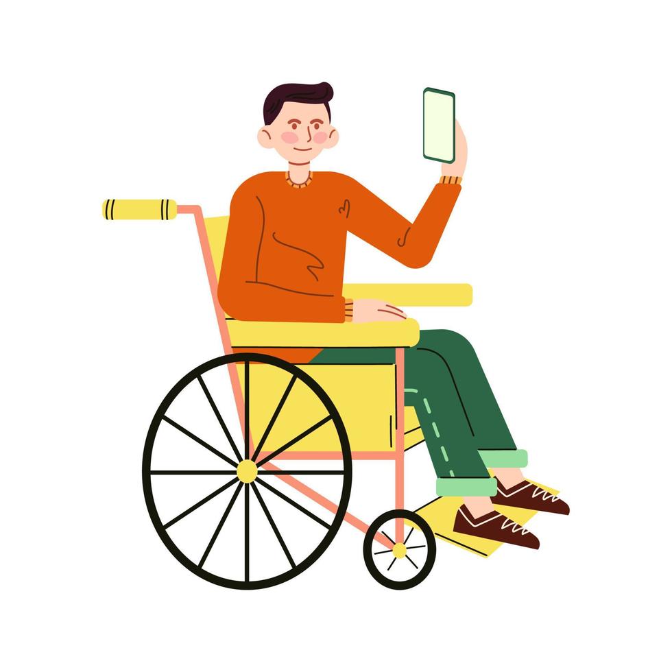 Young man sitting in wheelchair with phone in the hand. Guy living with disability. Flat illustration in cartoon style. Vector isolated on white background.