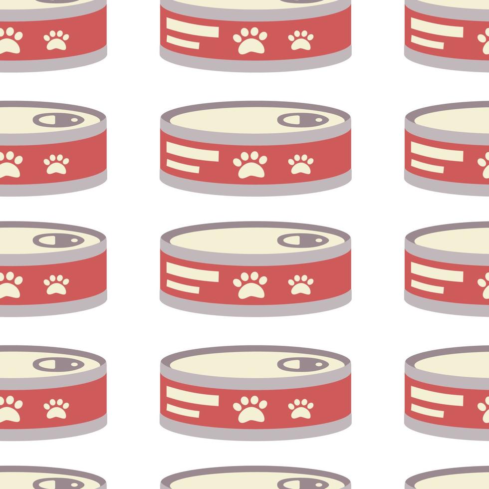 Pattern with can for animals, cats, round tin can with paw label. vector