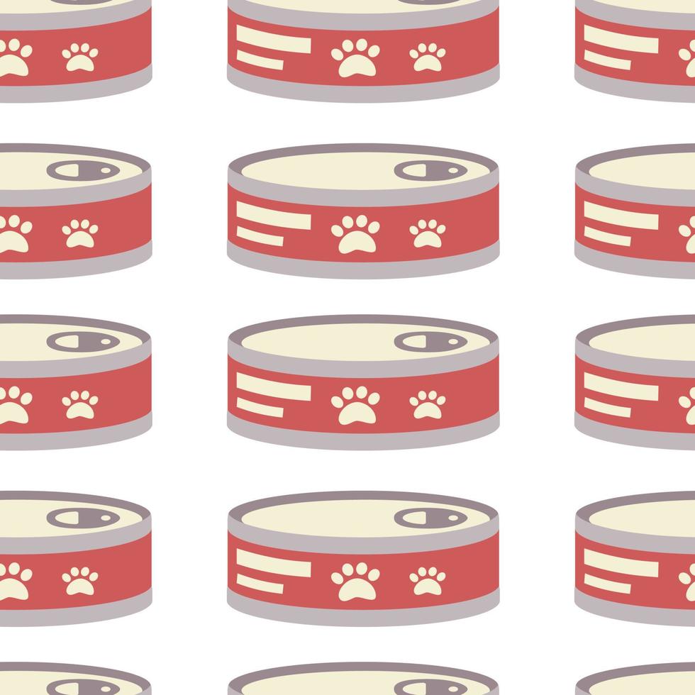 Pattern with can for animals, cats, round tin can with paw label. vector