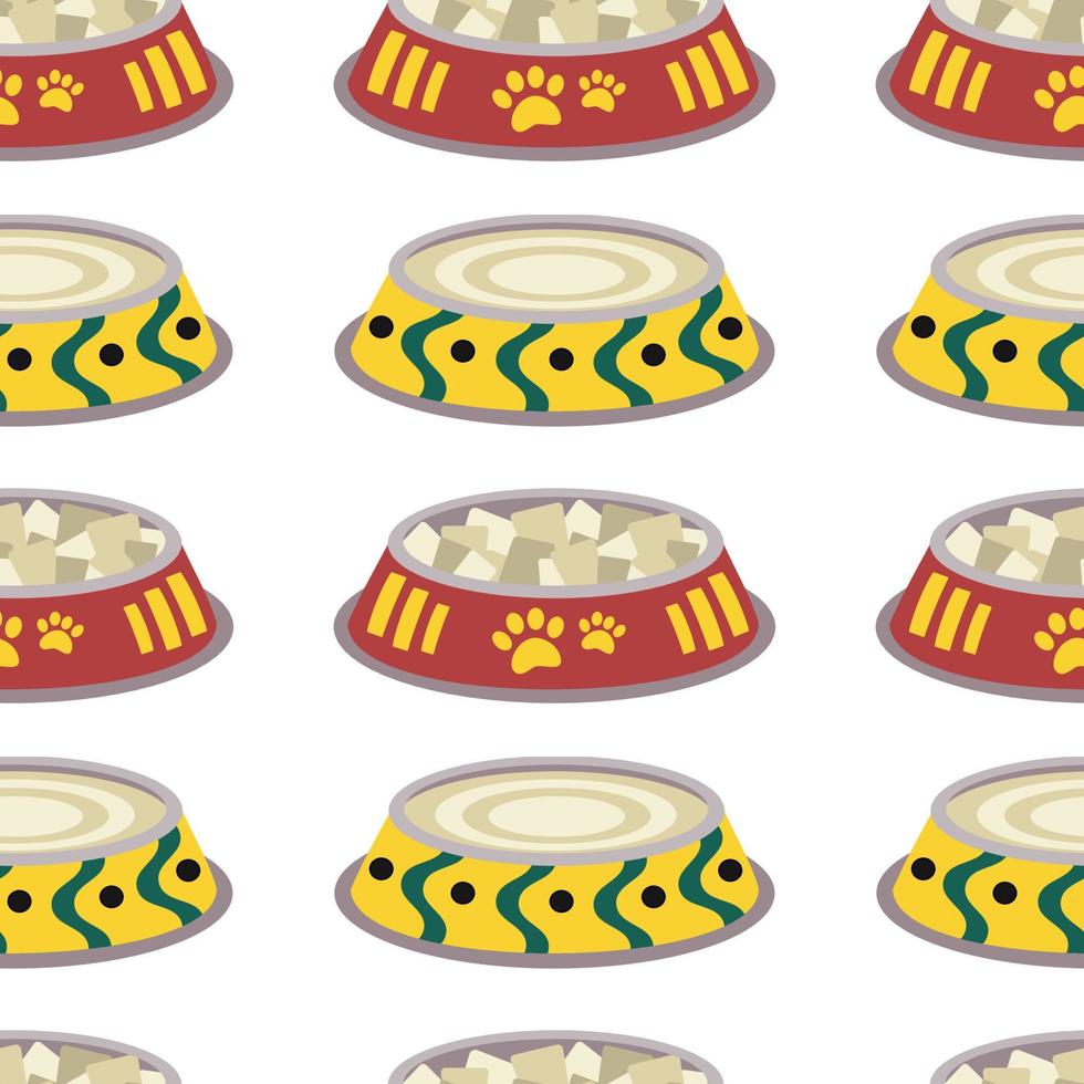 Pattern with bowl with food for animals, cats, dogs with a paw, fish. vector