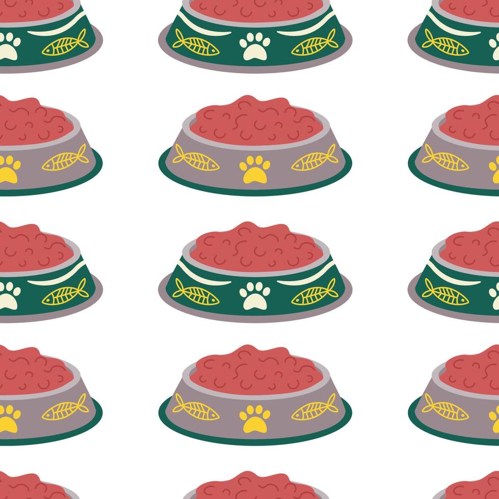 Pattern with bowl with food for animals, cats, dogs with a paw, fish. vector
